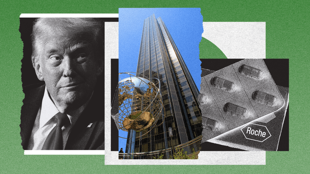 A collage on a green background includes photos of a smiling Donald Trump, a package of capsules with a Roche logo, and the modernist Trump International Hotel and Tower in New York.