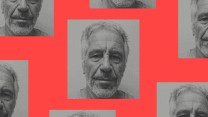 Photo collage featuring mug shot of Jeffery Epstein, repeated multiple times on a red background.